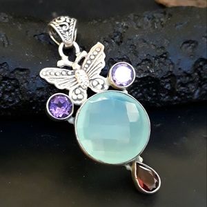 Aqua Chalcedony Butterfly Silver Pendant